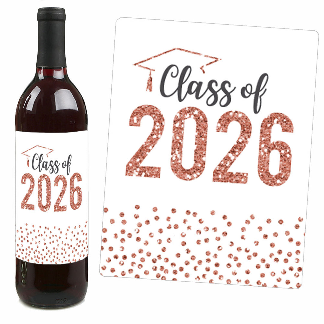 Rose Gold Grad - 2026 Graduation Party Decorations for Women and Men - Wine Bottle Label Stickers - Set of 4