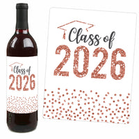 Rose Gold Grad - 2026 Graduation Party Decorations for Women and Men - Wine Bottle Label Stickers - Set of 4