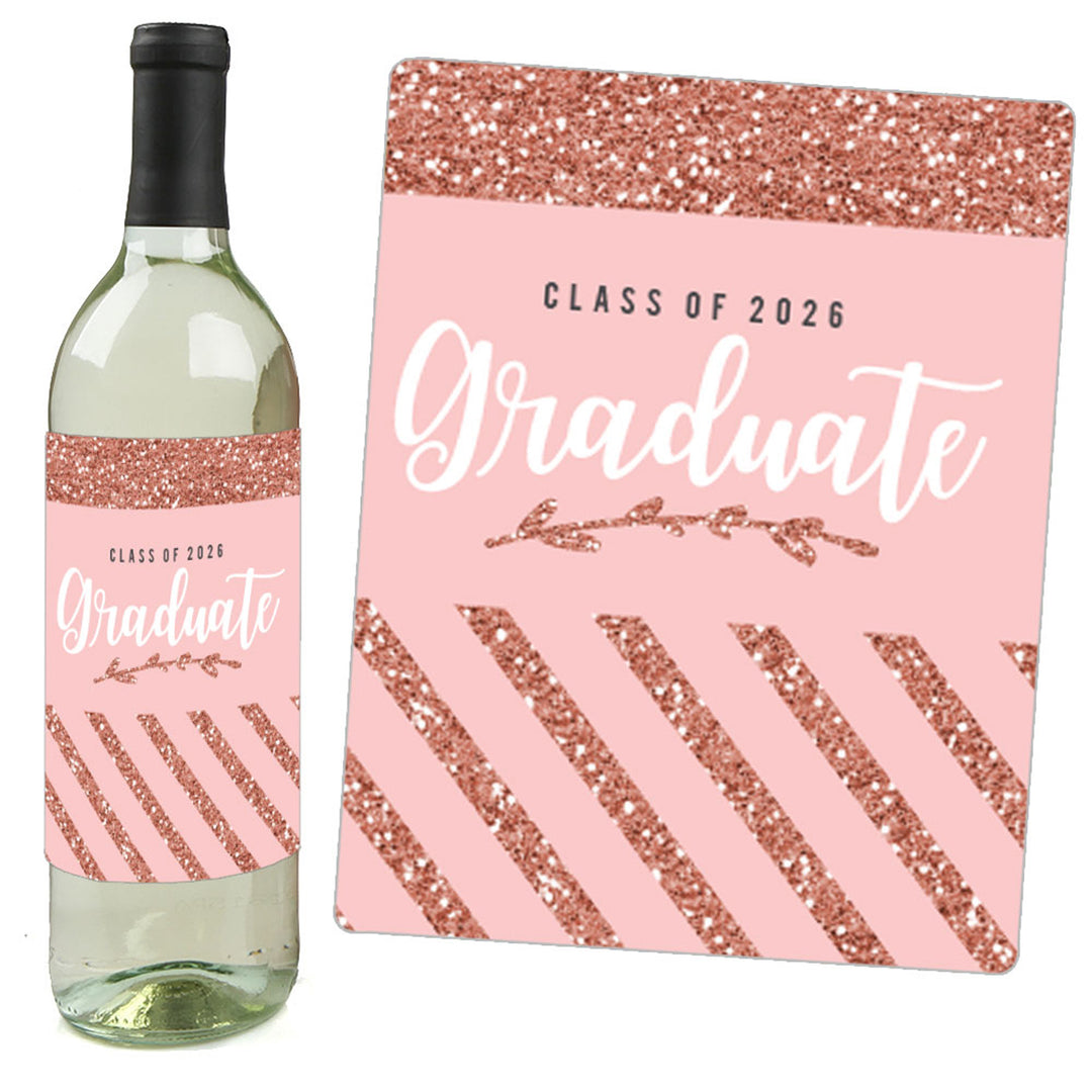 Rose Gold Grad - 2026 Graduation Party Decorations for Women and Men - Wine Bottle Label Stickers - Set of 4
