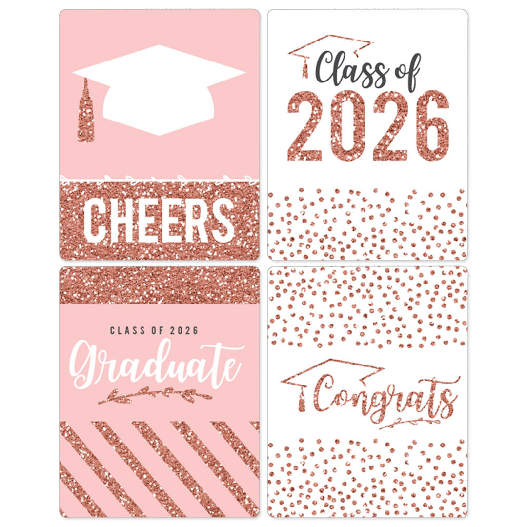 Rose Gold Grad - 2026 Graduation Party Decorations for Women and Men - Wine Bottle Label Stickers - Set of 4
