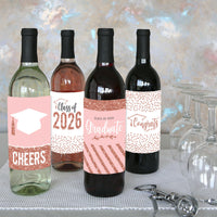Rose Gold Grad - 2026 Graduation Party Decorations for Women and Men - Wine Bottle Label Stickers - Set of 4