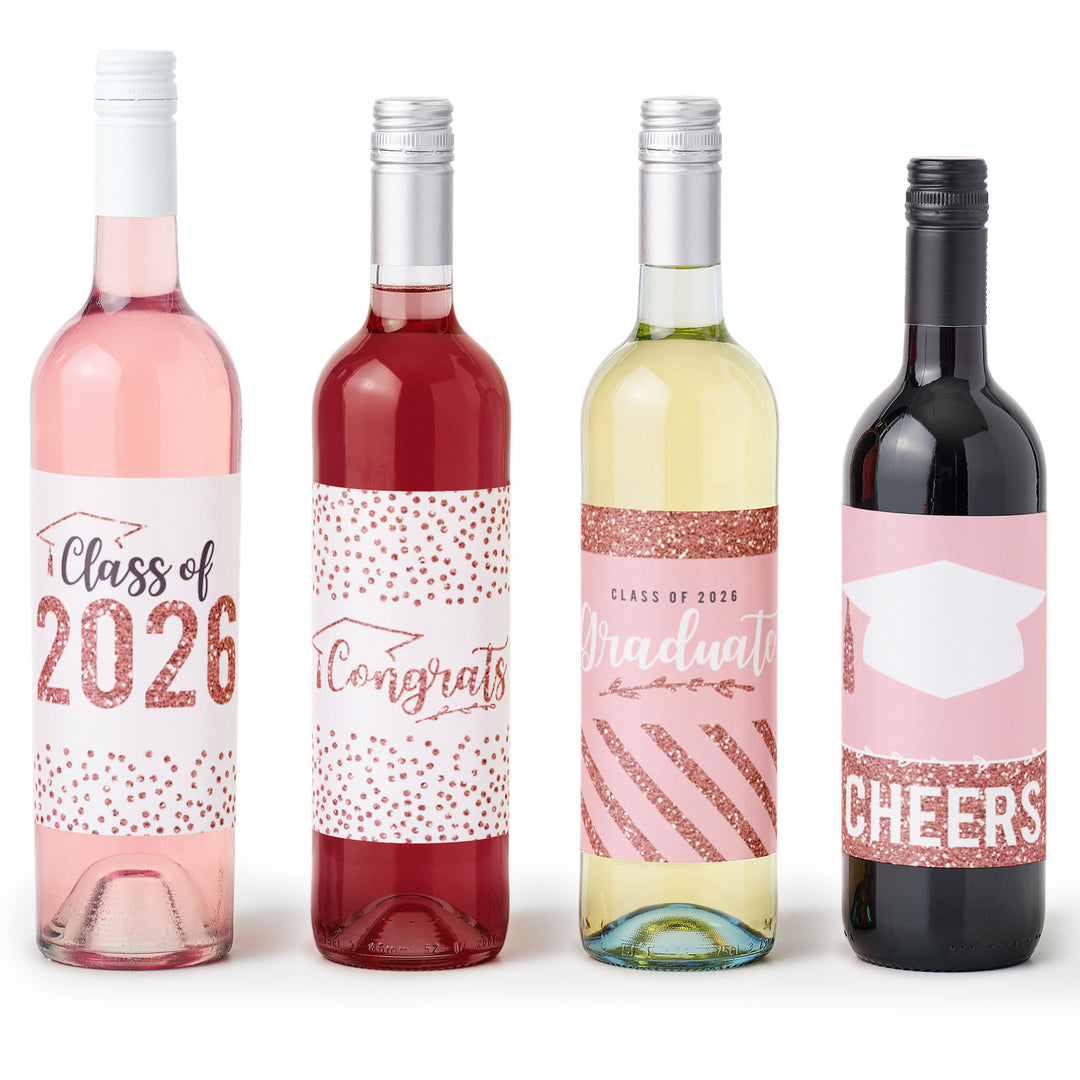 Rose Gold Grad - 2026 Graduation Party Decorations for Women and Men - Wine Bottle Label Stickers - Set of 4