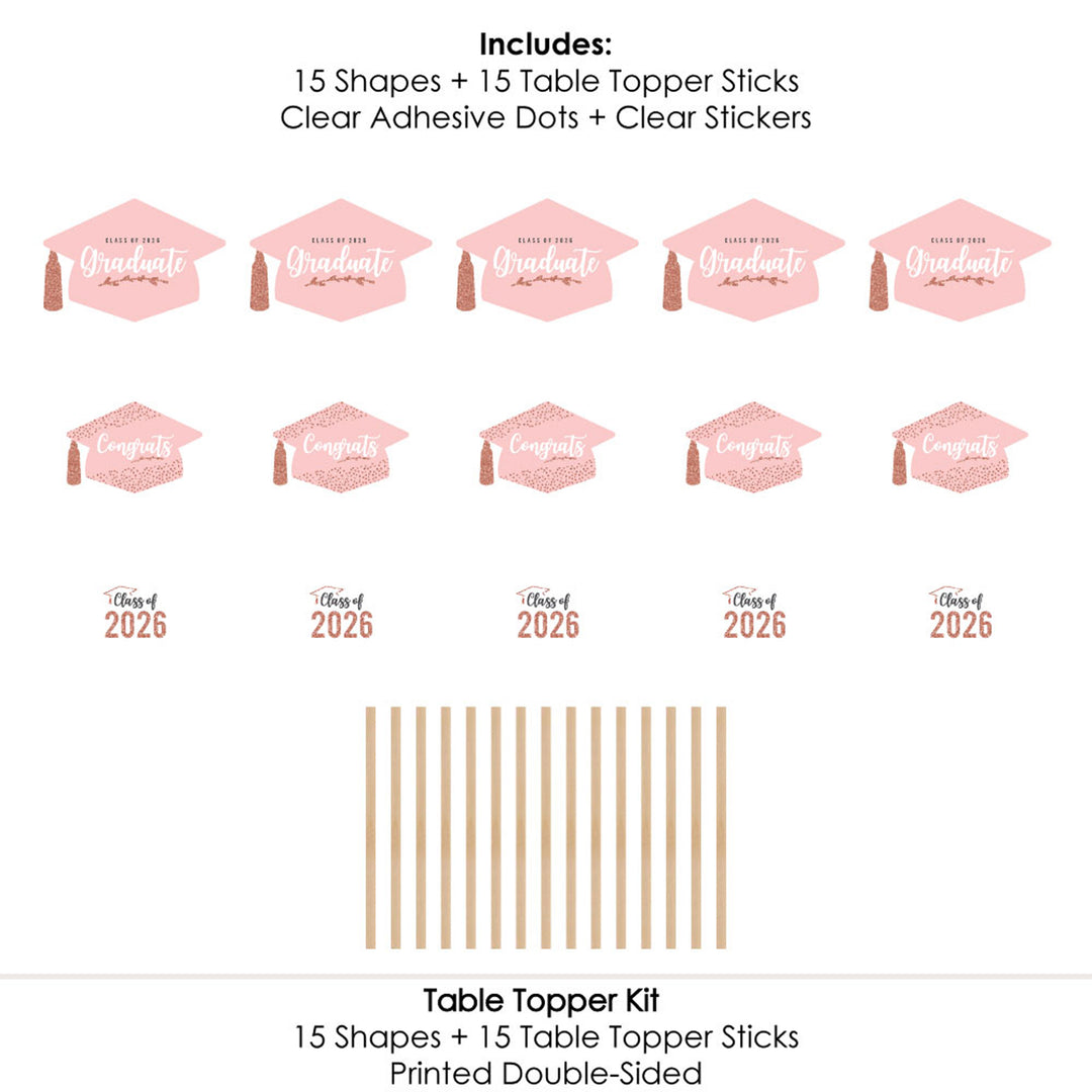 Rose Gold Grad - 2026 Graduation Party Centerpiece Sticks - Table Toppers - Set of 15