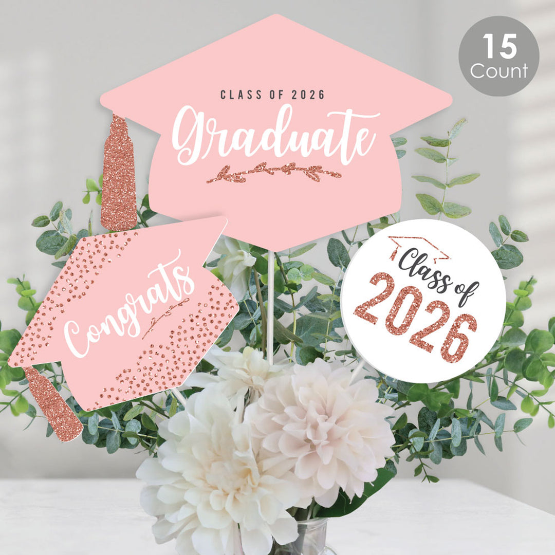 Rose Gold Grad - 2026 Graduation Party Centerpiece Sticks - Table Toppers - Set of 15