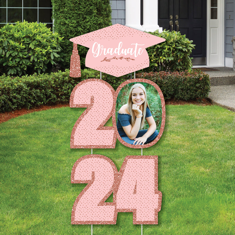 Rose Gold Grad - Custom 2024 Graduation Party Decorations - Stackable Photo Yard Sign - 3 Pc