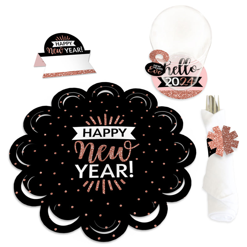 Rose Gold Happy New Year - 2024 New Years Eve Party Paper Charger and Table Decorations - Chargerific Kit - Place Setting for 8