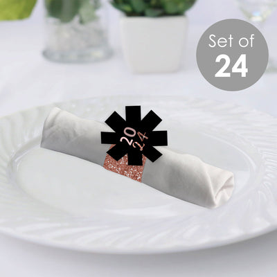 Rose Gold Happy New Year - 2024 New Years Eve Party Paper Napkin Holder - Napkin Rings - Set of 24
