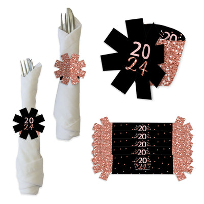 Rose Gold Happy New Year - 2024 New Years Eve Party Paper Napkin Holder - Napkin Rings - Set of 24