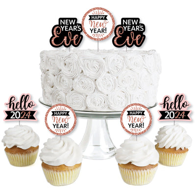 Rose Gold Happy New Year - Dessert Cupcake Toppers - 2024 New Year's Eve Party Clear Treat Picks - Set of 24