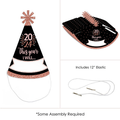 Rose Gold Happy New Year - Cone 2024 New Year's Eve Party Resolution Party Hats for Kids and Adults - Set of 8 (Standard Size)