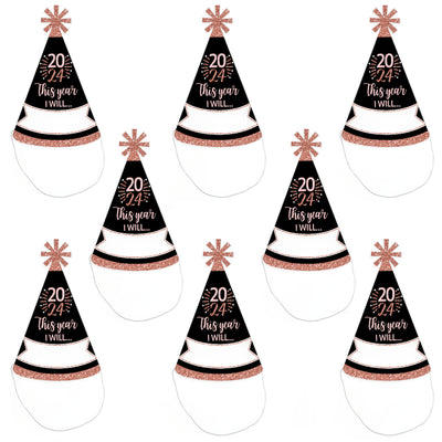 Rose Gold Happy New Year - Cone 2024 New Year's Eve Party Resolution Party Hats for Kids and Adults - Set of 8 (Standard Size)