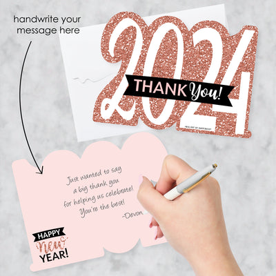 Rose Gold Happy New Year - Shaped Thank You Cards - 2024 New Year's Eve Party Thank You Note Cards with Envelopes - Set of 12