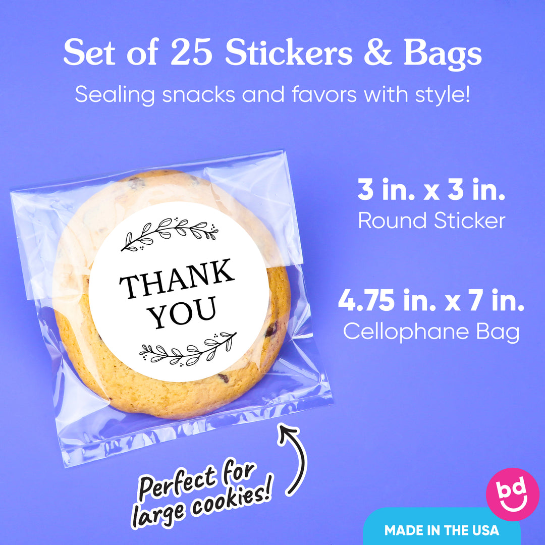 Rustic Wedding Thank You Stickers & Clear Cookie Bags - 25 Ct