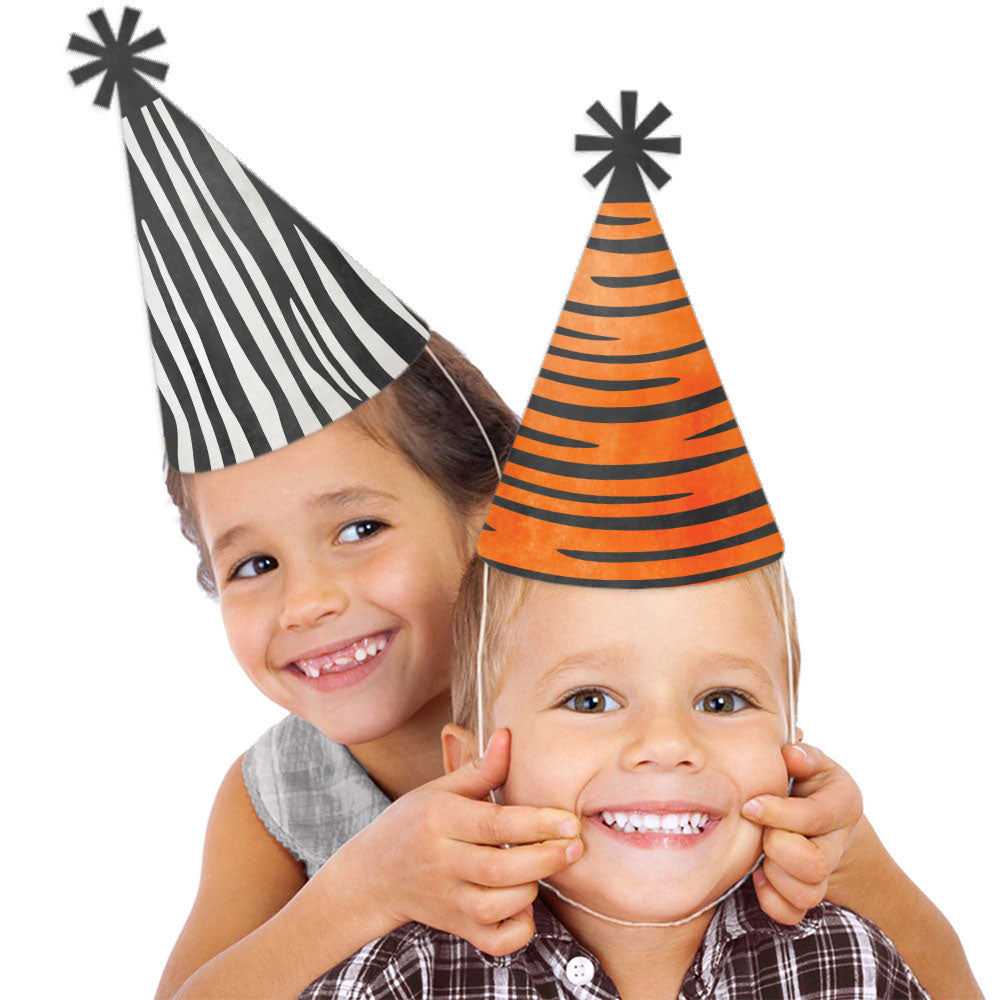 Animal print cone hats styled for jungle birthday celebration
