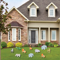Lion elephant giraffe zebra safari lawn sign detail