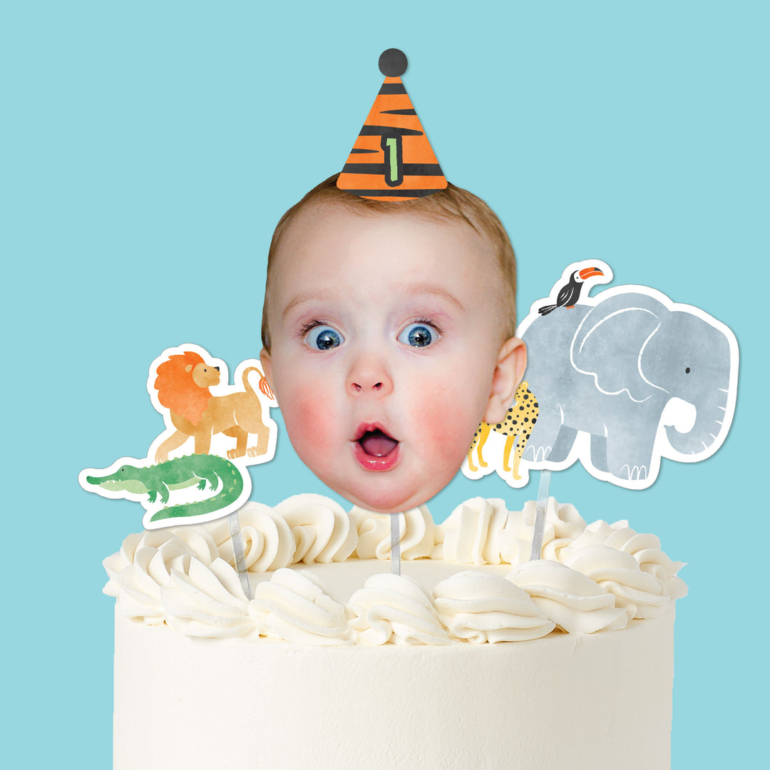 Safari animals cake topper with lion elephant crocodile and photo face