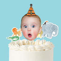 Safari animals cake topper with lion elephant crocodile and photo face