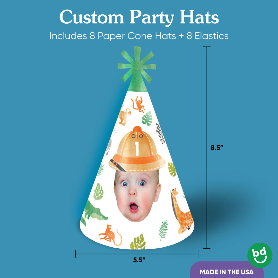 8 custom jungle safari birthday hats with elastics