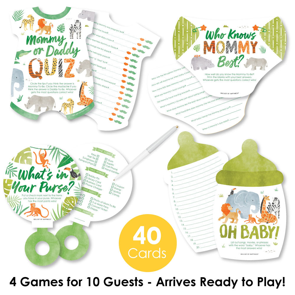 4 safari baby shower games with 10 cards each
