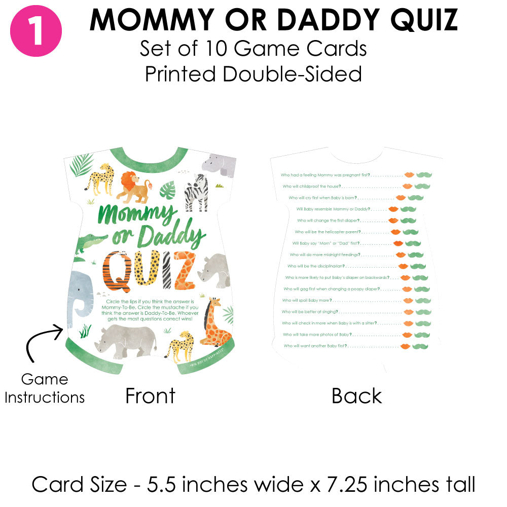 Mommy or Daddy Quiz game card with front and back views, animal illustrations, and text.