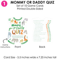 Mommy or Daddy Quiz game card with front and back views, animal illustrations, and text.