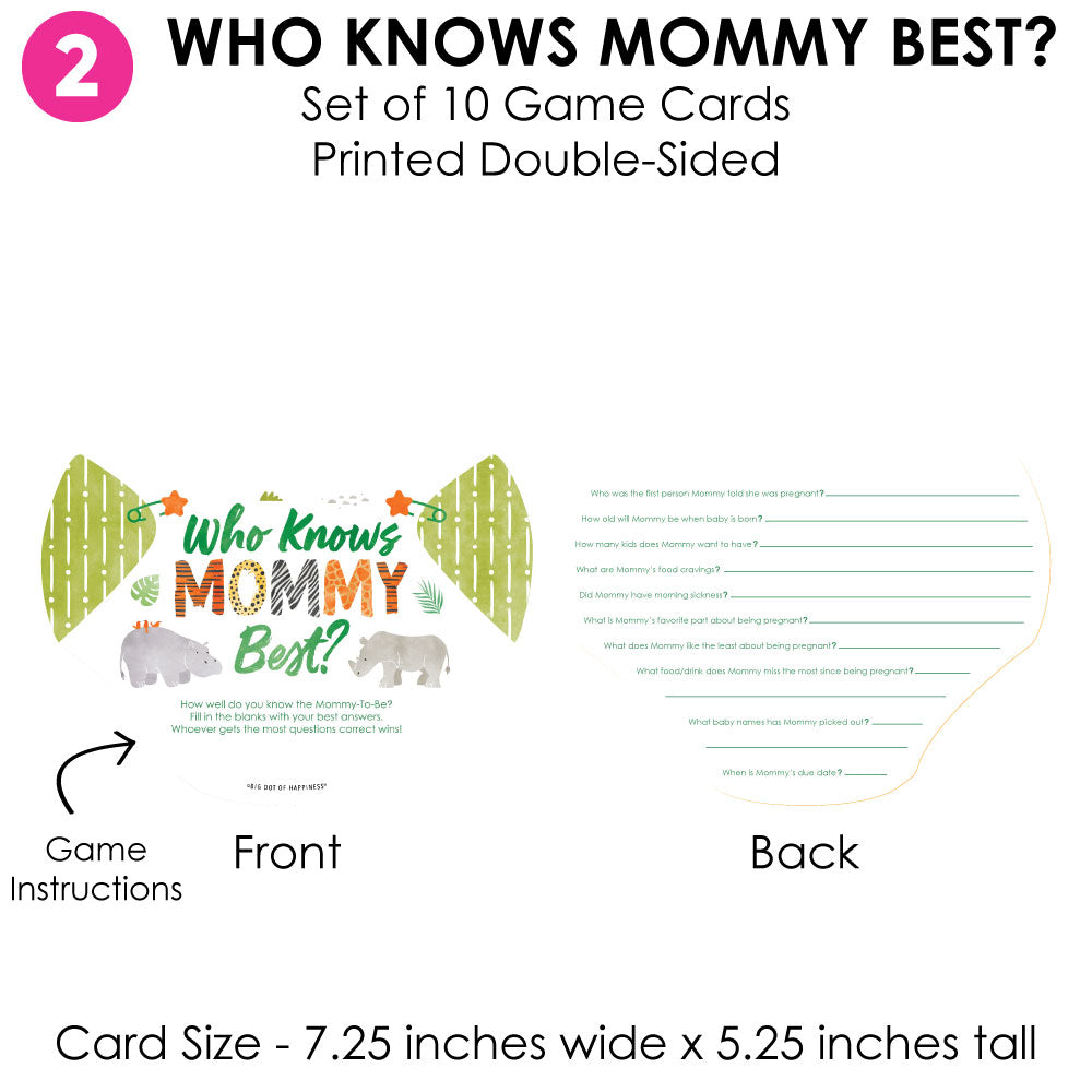 Game card set for 'Who Knows Mommy Best?' with front and back views on a white background.