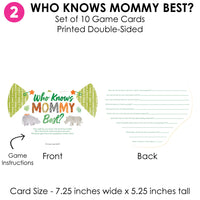 Game card set for 'Who Knows Mommy Best?' with front and back views on a white background.