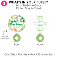 Game card set for 'What's in Your Purse?' with front and back views on a white background.