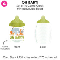 Set of 10 game cards for a baby shower, showing front and back views with illustrations of animals and 'OH BABY!' text.