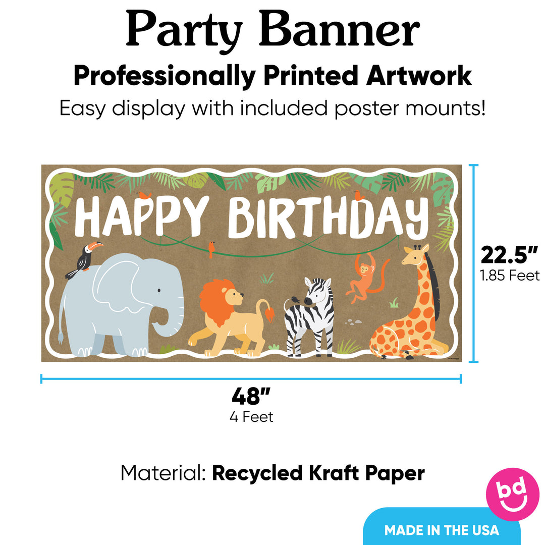 Safari birthday banner with 8 mounts, 48x22.5 recycled kraft paper