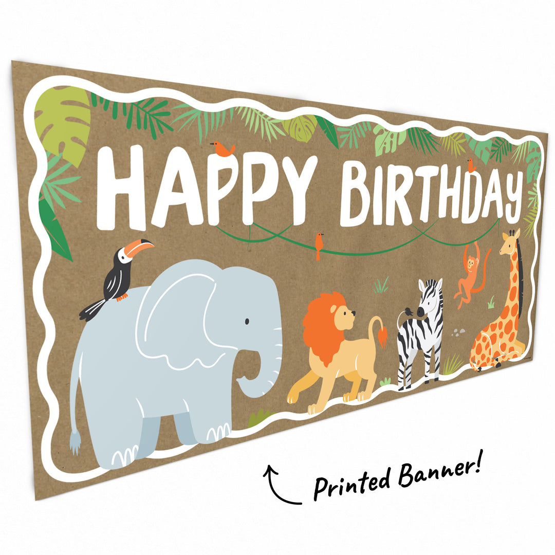 Close-up of elephant, lion, zebra, and giraffe on safari banner