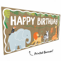 Close-up of elephant, lion, zebra, and giraffe on safari banner