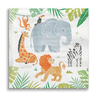 Watercolor elephant lion giraffe zebra jungle napkin design