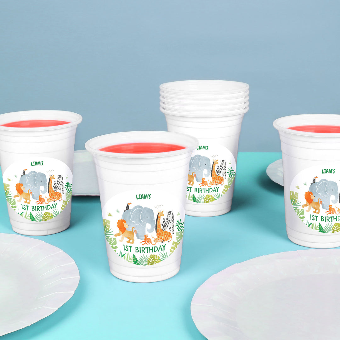 Safari birthday drink table with personalized cups
