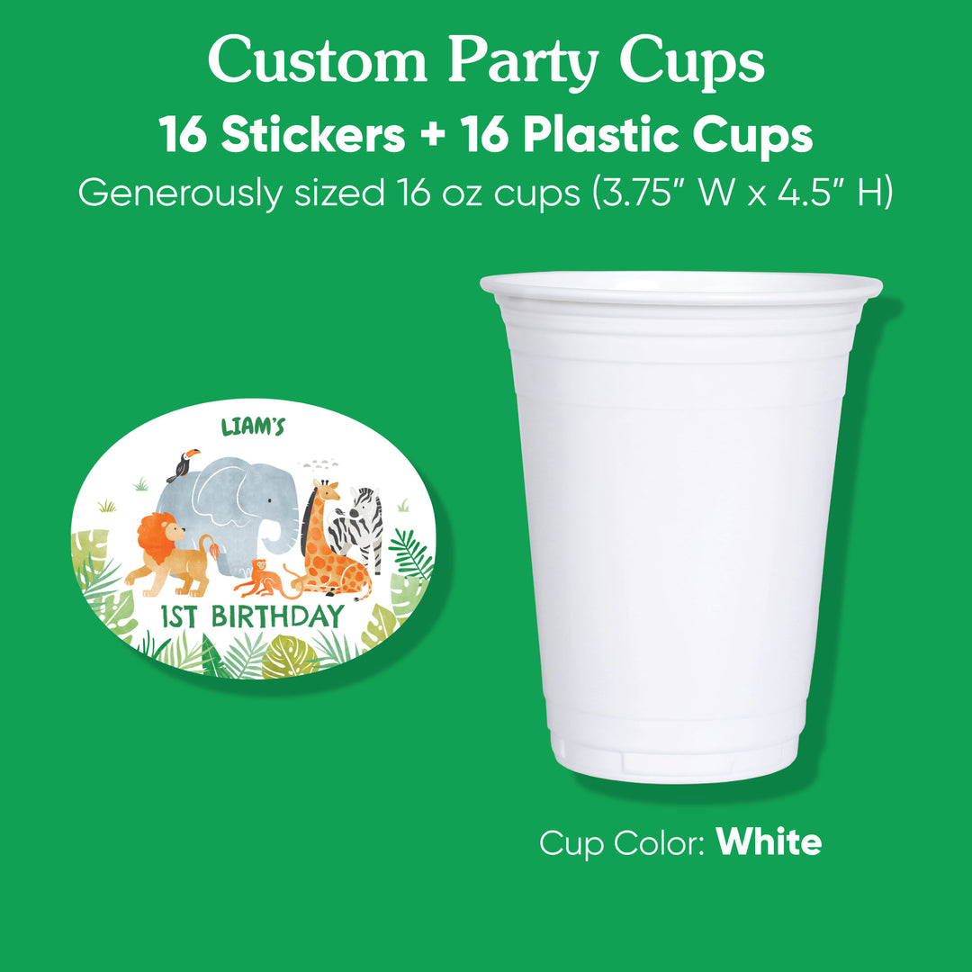 16 oz white plastic cup with curved sticker