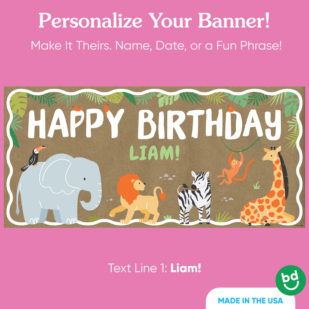 Custom name detail on safari birthday banner