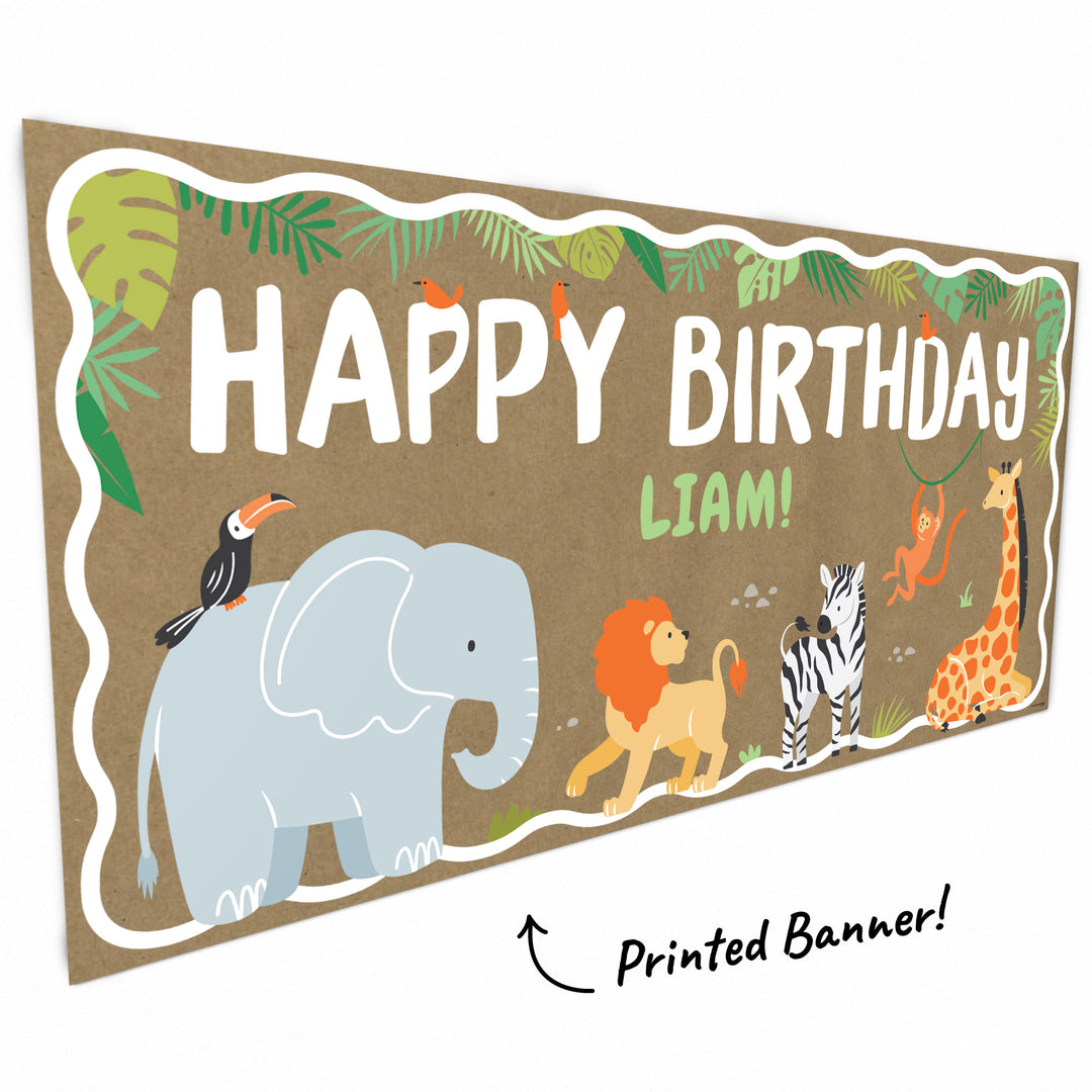 Elephant, lion and giraffe artwork close-up on jungle banner