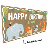 Elephant, lion and giraffe artwork close-up on jungle banner