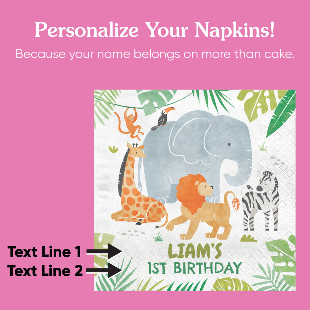 Custom name printed on jungle safari party napkin