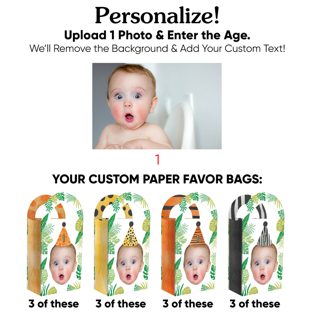 Custom Face Safari Animals Paper Favor Bags - 12 Ct
