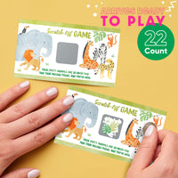 Guests playing safari scratch off game at jungle party