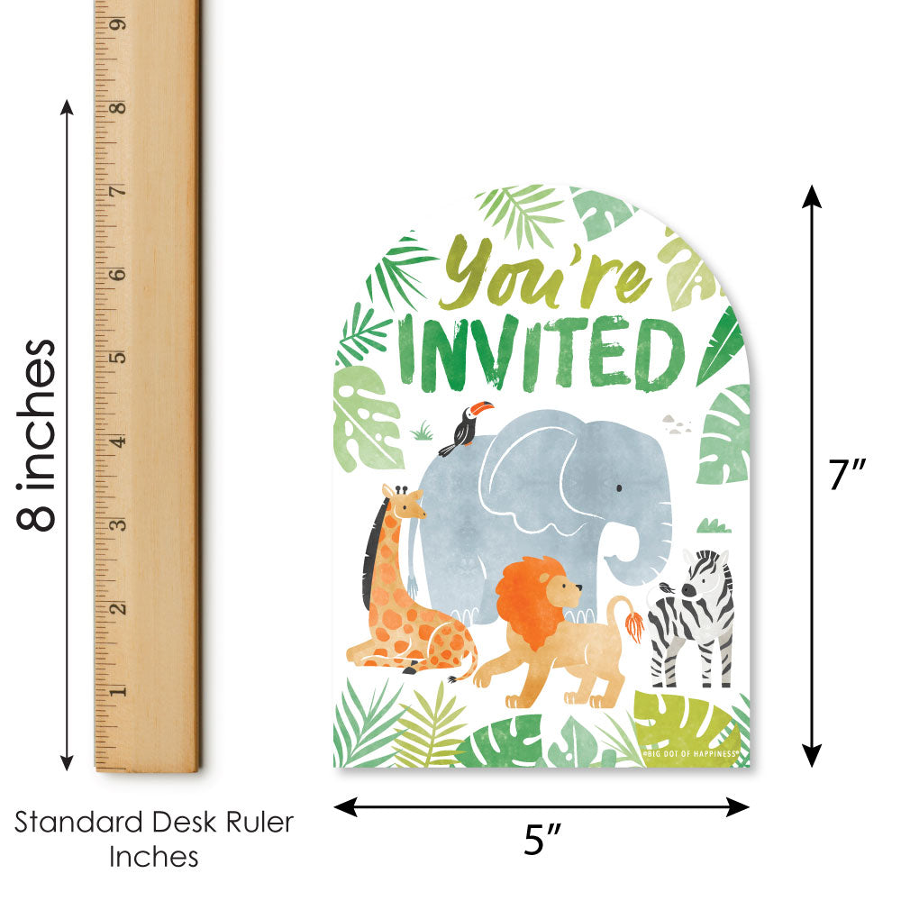 Invitation card with jungle animals and 'You're Invited' text, shown with a ruler for size reference.