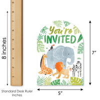Invitation card with jungle animals and 'You're Invited' text, shown with a ruler for size reference.