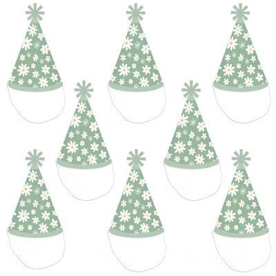 Sage Green Daisy Flowers - Cone Happy Birthday Party Hats for Kids and Adults - Set of 8 (Standard Size)