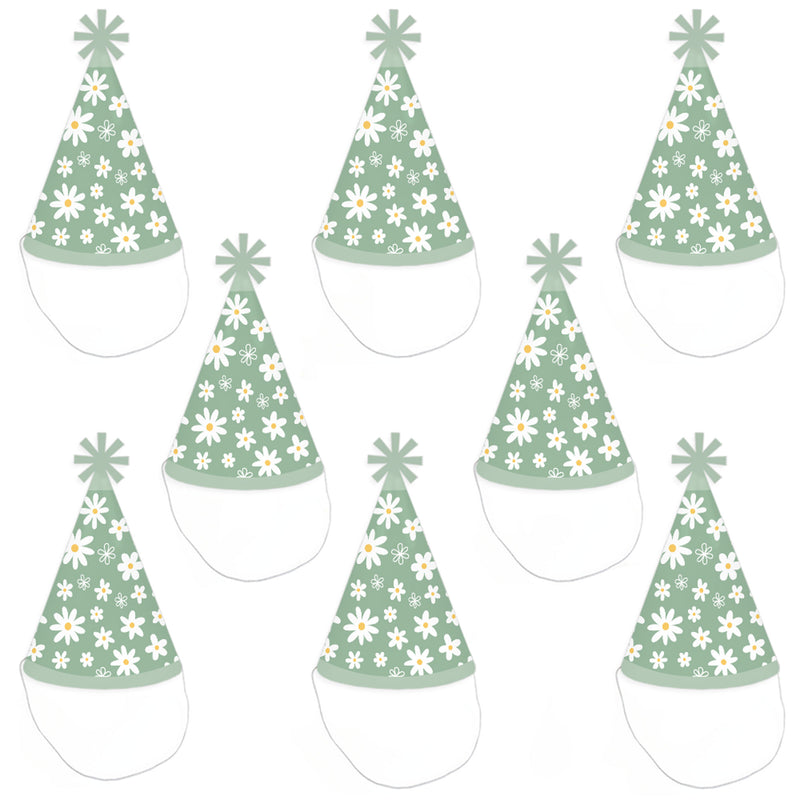 Sage Green Daisy Flowers - Cone Happy Birthday Party Hats for Kids and Adults - Set of 8 (Standard Size)