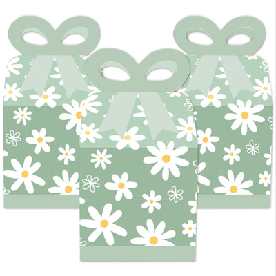 Sage Green Daisy Flowers - Square Favor Gift Boxes - Floral Party Bow Boxes - Set of 12