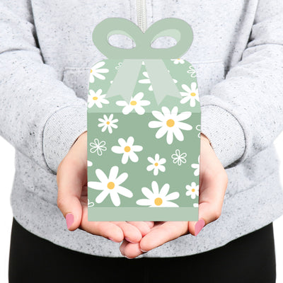 Sage Green Daisy Flowers - Square Favor Gift Boxes - Floral Party Bow Boxes - Set of 12