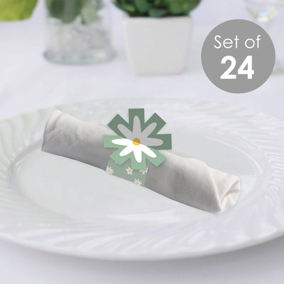 Sage Green Daisy Flowers - Floral Party Paper Napkin Holder - Napkin Rings - Set of 24