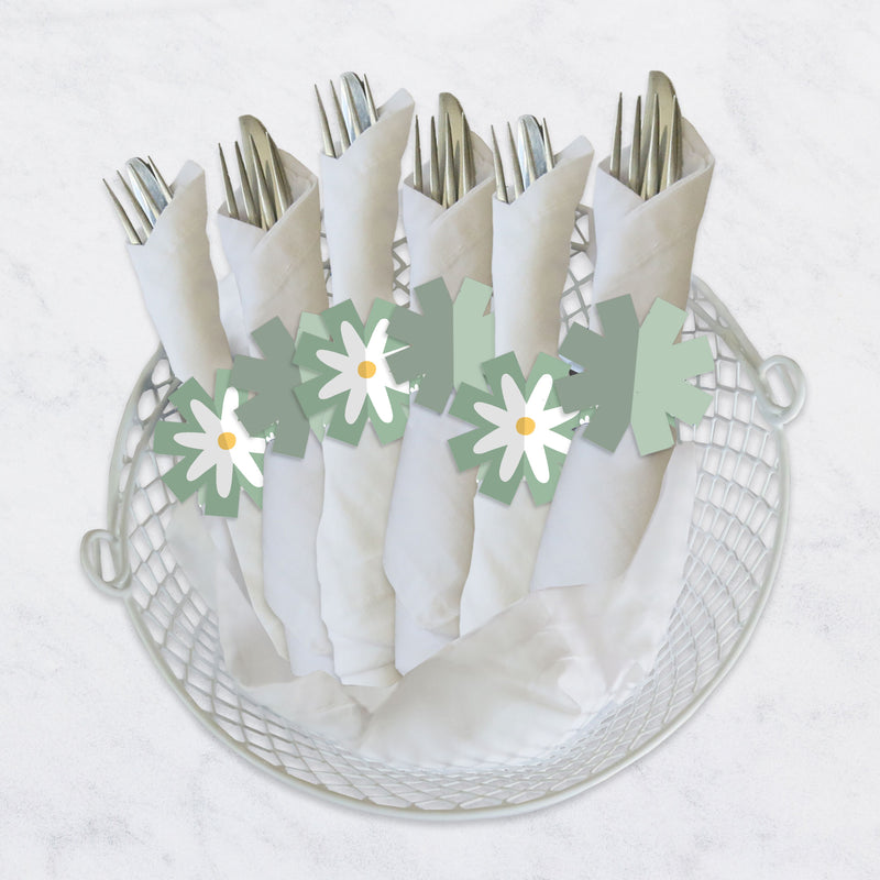 Sage Green Daisy Flowers - Floral Party Paper Napkin Holder - Napkin Rings - Set of 24