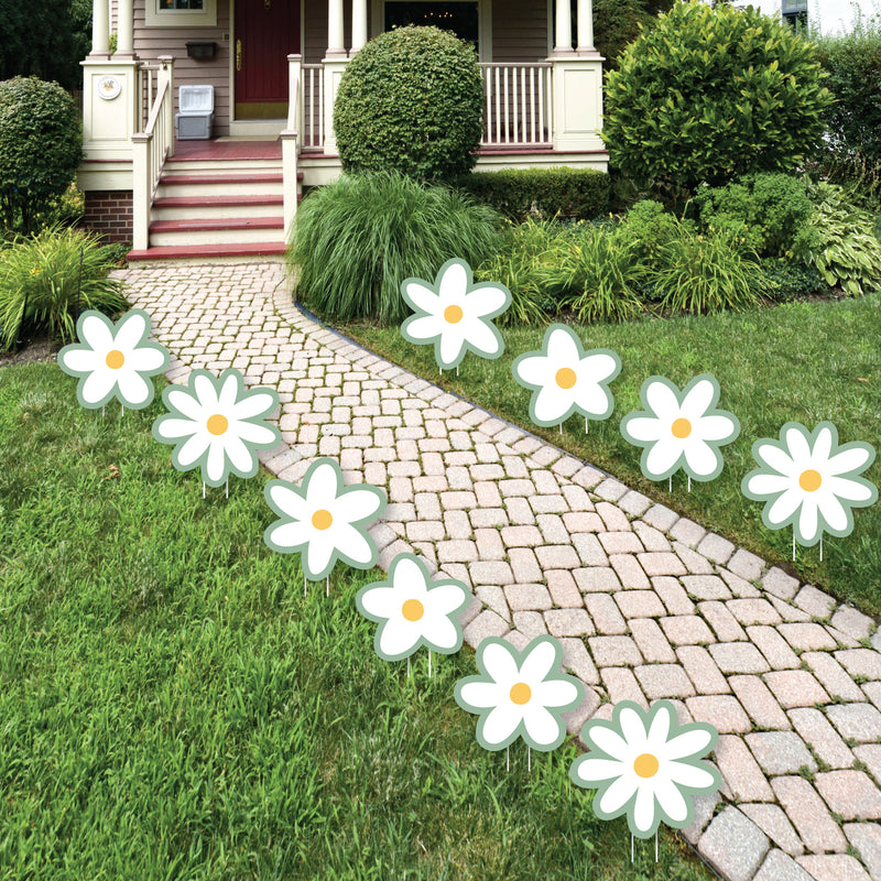 Sage Green Daisy Flowers - Lawn Decorations - Outdoor Floral Party Yard Decorations - 10 Piece